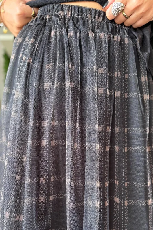 Enid Plaid Tulle Midi Skirt Black
